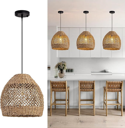 Boho Rattan Pendant Lights 13.8" Hand-Woven Farmhouse Dining Room Light Fixture Bell Ceiling Hanging Chandelier Handwoven Seagrass Lampshade for Kitchen Island Entry Living Room Bedroom Foyer