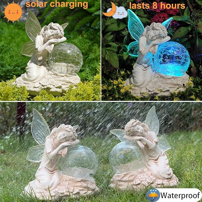 Solar Fairy Garden Statue with Cracked Glass Ball & Glowing Wings, Waterproof Outdoor Fairy Decor for Yard, Patio, Lawn – Ideal for Garden Lovers & Holiday Giving (7.67x6.69 Inches)