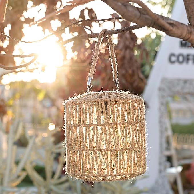 Cooo Large Solar Rope Lantern Outdoor Hanging – Handwoven Jute Rope Lantern with Warm Edison Bulb, IP65 Waterproof Solar Powered Garden Light for Porch Patio, Yard Christmas Decorations, 8.27” Tall