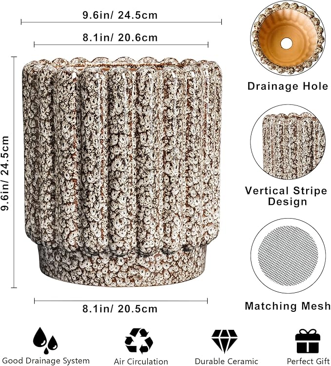 Ceramic Planter - 9.6 Inch Plant Pots Indoor with Drainage Hole, Round Fluted Ceramic Flower Pots, Decorative Planter Outdoor, Home Decor, Plant Lover Gifts for Women, Leopard Print White