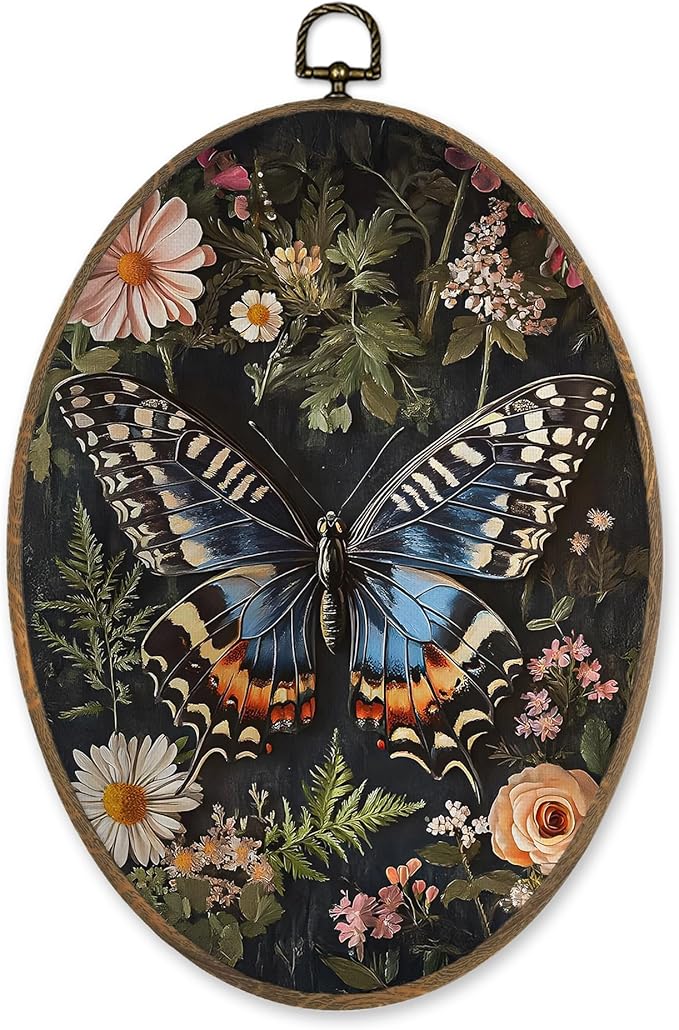 LKETW William Morris Butterfly Floral Oval Wall Art Decor, Vintage Butterfly Botanical Oval Canvas Hanging Decor, Cottagecore Moth Flower Wall Decorations for Home Bedroom Living Room, 8.6x11.4 Inch