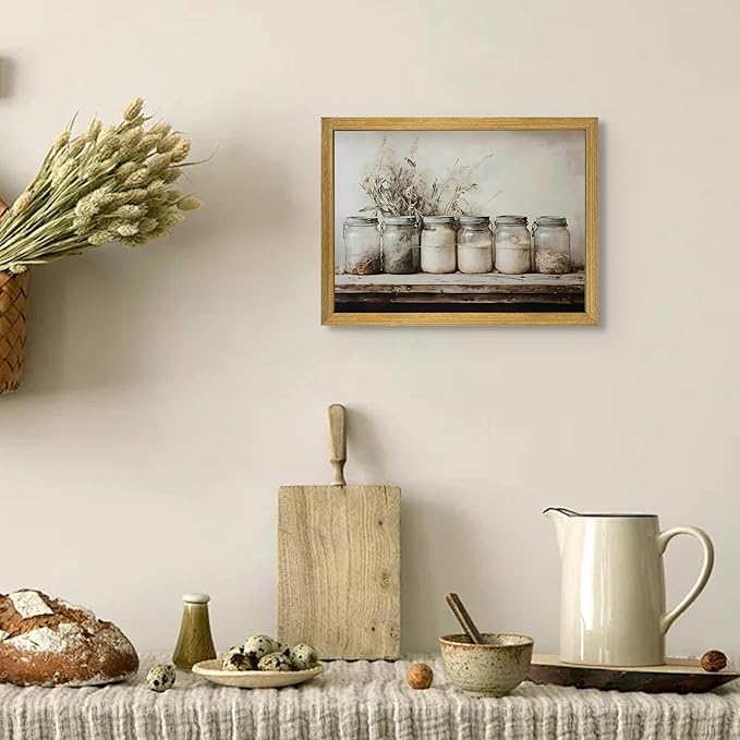Vintage Kitchen Wall Decor, Dining Room Canvas Wall Art Painting, Retro Rustic Farm Poster Print Picture, Mason Jar Spice Still Life Art Oil Painting Home Decoration 12x16 Inch Wood Framed