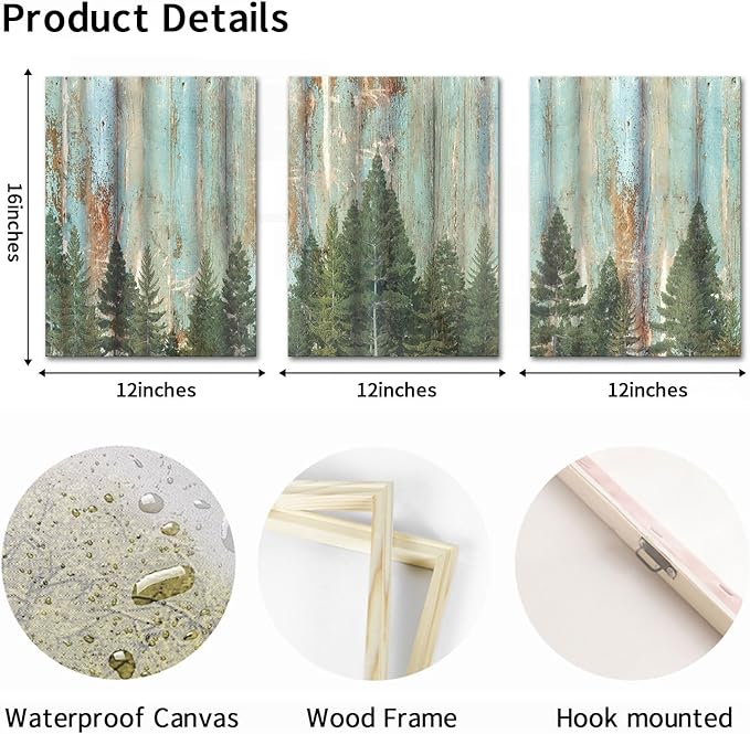 AoArtWZ 3 Pieces Forest Canvas Wall Art Vintage Fir Tree Picture Artwork Rustic Green Bathroom Painting For Home Decor Framed 12"x16"x3pcs