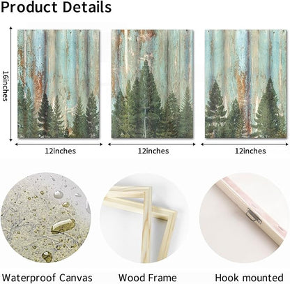 AoArtWZ 3 Pieces Forest Canvas Wall Art Vintage Fir Tree Picture Artwork Rustic Green Bathroom Painting For Home Decor Framed 12"x16"x3pcs