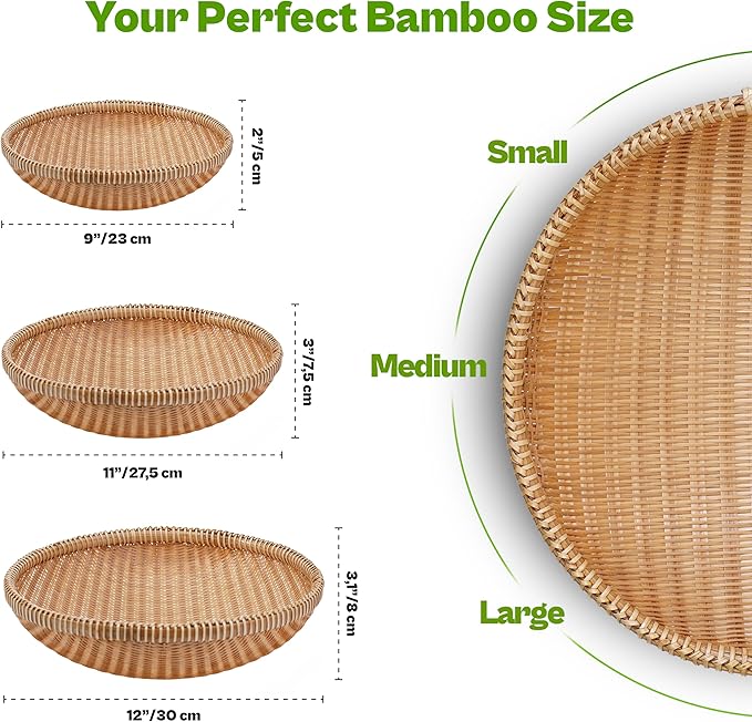 – Set of 3 Handwoven Bamboo & Rattan Baskets, Assorted Styles – Decorative & Functional for Fruit, Bread, Snacks – Bonus Tongs & Whisk (SET3 Handwoven Bamboo Basket – Single Orchid Weave)