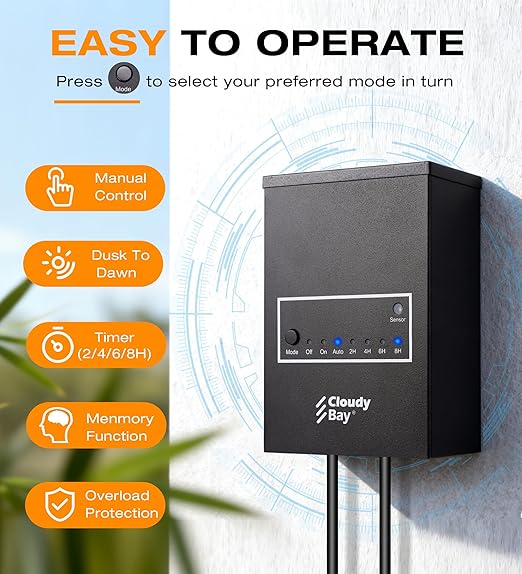 CLOUDY BAY 200W Low Voltage Outdoor Transformer with Photocell Light Sensor and Timer,120V AC to 12V AC Power Pack,for Landscape Lighting