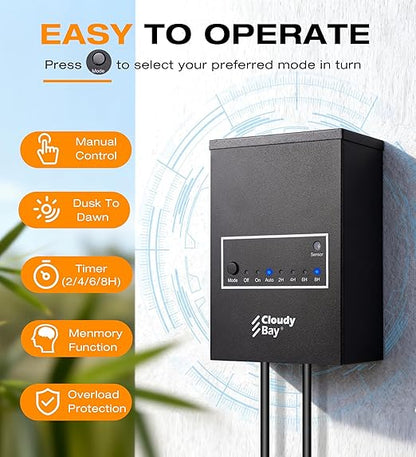CLOUDY BAY 200W Low Voltage Outdoor Transformer with Photocell Light Sensor and Timer,120V AC to 12V AC Power Pack,for Landscape Lighting