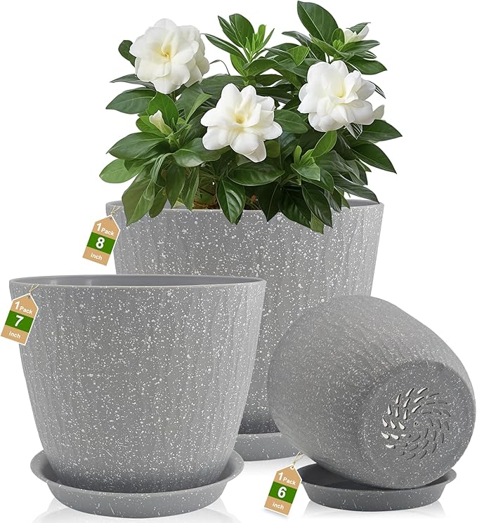 8/7/6 inch Plant Pots, 3 Pack Flower Pots for Outdoor Indoor Garden Plants, Large Planters with Multi Mesh Drainage Holes and Saucer (Speckled Grey, 8"+7"+6")