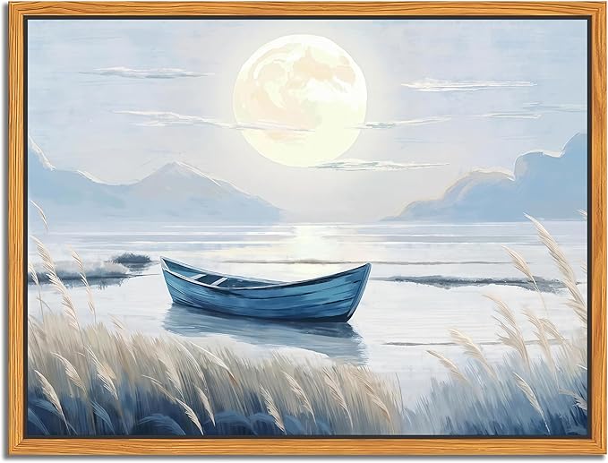 Floating Framed Coastal Bathroom Wall Art, Blue Beach Nautical Ocean Nature Canvas Picture, Blue Boat Moon Lake Mountain Sea Poster Print Painting, for Modern Home Bedroom Wall Decor 12x16 inch