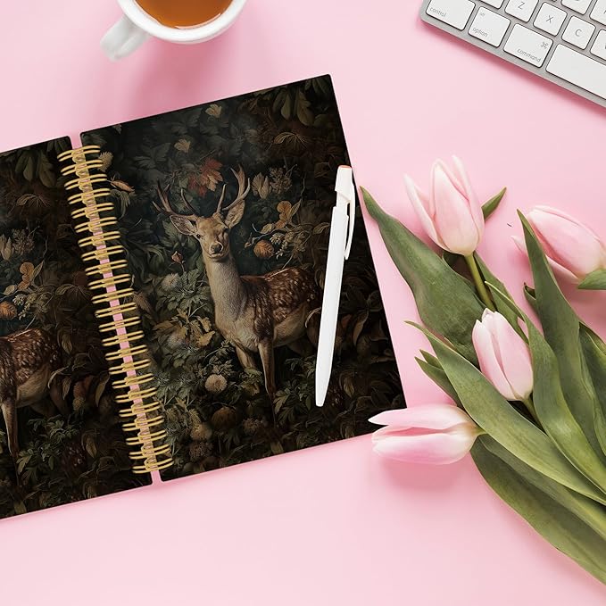 XPH William Morris Deer Spiral Notebook, Dark Cottagecore Journaling Notebooks for Note Taking, Vintage Botanical Buck Hardcover Journal for Writing 160 Pages 5.5 x 8.3 Inch, Deer Gifts for Women