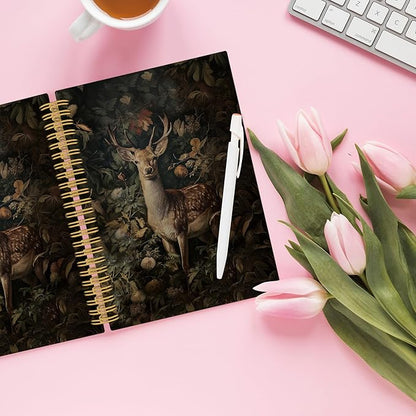XPH William Morris Deer Spiral Notebook, Dark Cottagecore Journaling Notebooks for Note Taking, Vintage Botanical Buck Hardcover Journal for Writing 160 Pages 5.5 x 8.3 Inch, Deer Gifts for Women