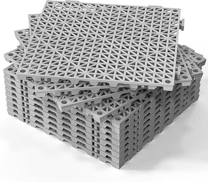 ROVSUN 12 PCS Interlocking Drainage Mat, 12’’x12’’ Drainage Tiles Interlocking,Soft PVC Floor Tiles, Non-Slip Drainage Holes for Restroom, Bathroom, Kitchen, Pool, Wet Areas,Grey