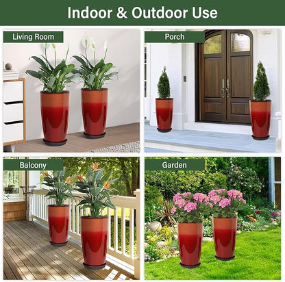 Set of 2 Lightweight Ceramic-Look Tall Planter, 21 inch Large Plastic Planter with Drain Hole & Saucers, Large Outdoor Planters for Porch, Garden, Patio, Balcony(Fiery Red)