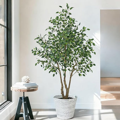 Artificial Ficus Tree 6.5ft - Tall Fake Indoor Tree with Dense Leaves and Realistic Trunks, 78" Faux Tropical Plant Artificial Floor Potted Trees for Home Living Room Office Porch Outdoor Decor