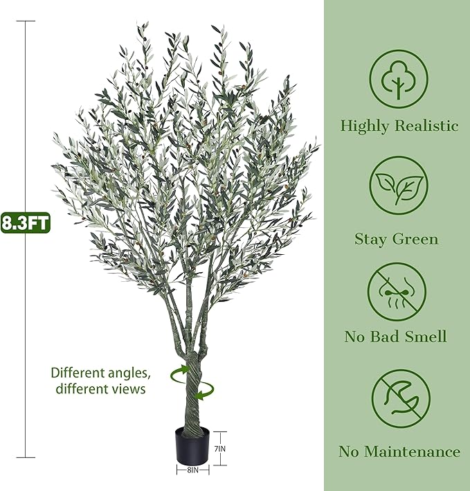 Artificial Olive Tree 8.3FT with 2304 Gray Leaves Realistic Tall Large Faux Silk Deluxe Plant 100 Inch Black Pot for Indoor Home Office Porch Mall School Hotel Modern Decor Housewarming Gift
