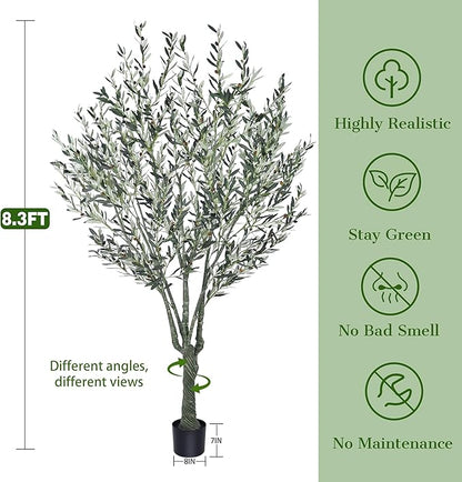 Artificial Olive Tree 8.3FT with 2304 Gray Leaves Realistic Tall Large Faux Silk Deluxe Plant 100 Inch Black Pot for Indoor Home Office Porch Mall School Hotel Modern Decor Housewarming Gift