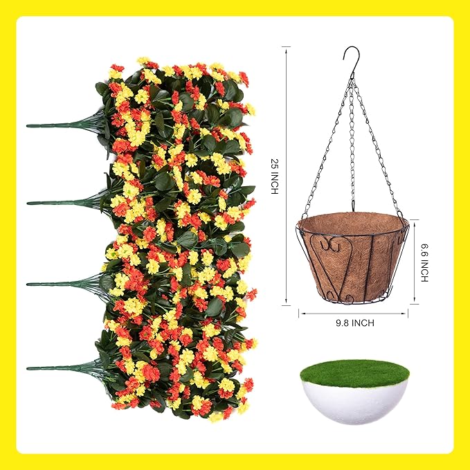 Artificial Flowers in Hanging Basket for Outdoors Fall Decor, Fake Mums Bush Flowers Plants with Hanging Baskets for Home Porch Garden Yard Patio Summer Autumn Decoration (Orange Yellow)