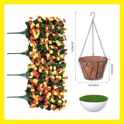 Artificial Flowers in Hanging Basket for Outdoors Fall Decor, Fake Mums Bush Flowers Plants with Hanging Baskets for Home Porch Garden Yard Patio Summer Autumn Decoration (Orange Yellow)