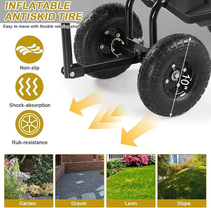 Outvita Rolling Garden Seat with Wheels, Gardening Stool with Height Adjustable 360 Degree Swivel Seat, Ergonomic Backrest, Tool Tray & Storage Basket, Outdoor Gardening Scooter Cart for Patio, Black