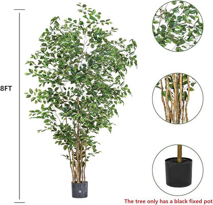 Artificial Ficus Tree Indoor 8ft, Large Potted Faux Tree with Realistic Silk Leaves & Trunk for Home Office, Living Room Corner Decor