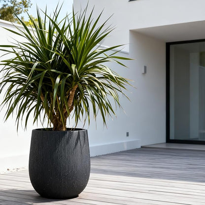 Worth Garden Large Dark Gray Round Planter, 12.5" x 18.5" Lightweight Magnesium Oxide Cement Plant Pot with a Striped Textured Finish, Raised Pattern Concrete Look, Drainage Hole, Indoor & Outdoor