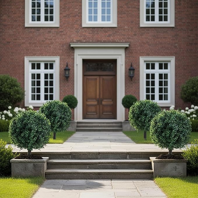 23 Inch Artificial Boxwood Topiary Balls Tree, UV Resistant Faux Boxwood Trees with Ground Spike, Perfect for Indoor & Outdoor Garden, Porch, Front Door, and Home Décor, Set of 2