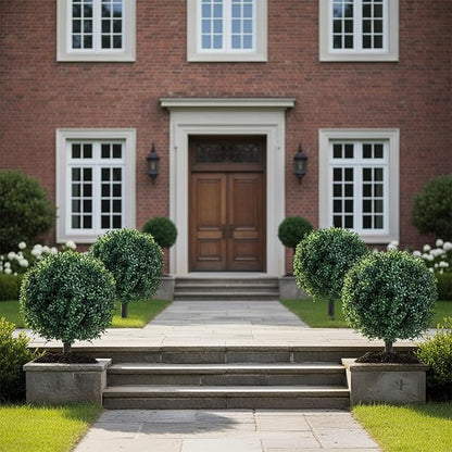 23 Inch Artificial Boxwood Topiary Balls Tree, UV Resistant Faux Boxwood Trees with Ground Spike, Perfect for Indoor & Outdoor Garden, Porch, Front Door, and Home Décor, Set of 2
