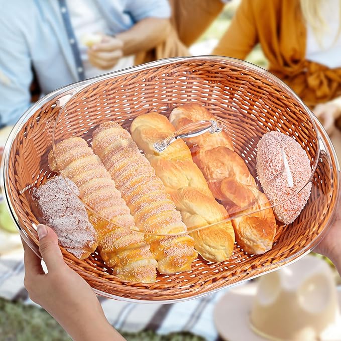 Hushee 2 Set Imitation Rattan Bread Basket with Lid Wicker Bread Baskets for Serving Woven Fruit Basket with Cover Oval Food Baskets for Food Vegetables Display(15.75 x 11.81 Inch)