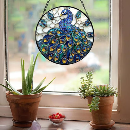 Stained Glass Window Hanging - Peacock Blue Gold Feathers Sun Catcher for Door Garden Home Decor Bird Suncatcher Christmas Mother's Day Birthday Gifts for Women Men Mom Nana 15 in