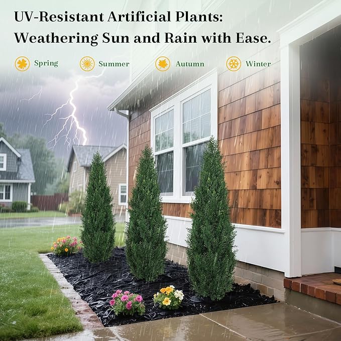 4FT UV Resistant Artificial Cedar Topiary Trees, Potted Faux Cypress Shrubs for Outdoor & Indoor Decor, Realistic Evergreen Fake Plants for Front Porch, Patio, Home, Office, or Garden, Set of 2