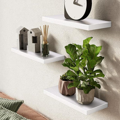 BAYKA White Floating Shelves for Wall – Rustic Wood Wall Shelves with Metal Brackets for Bathroom, Bedroom, Kitchen, or Living Room Decor Organization – Set of 3, Sturdy Storage with 22lb Capacity