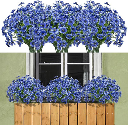 15 Bundles Artificial Flowers Outdoor UV Resistant Fake Silk Plants Plastic Faux Shrubs Outside Front Porch Window Box Garden Home Hanging Planter Decoration (Blue)