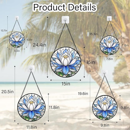 Stained Glass Window Hanging - Blue and White Lotus Petal Suncatcher for Doors Window Home Sun Catchers Decor Christmas Mother's Day July Birthday Gifts for Teacher Women Men Mom Nana 9.8 in