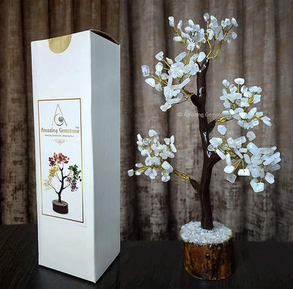 White Moonstone Natural Healing Premium Crystal Bonsai Feng Shui Fortune Money Tree of Life for Home Office Decor (Gift Box Ready,10-12 Inch)