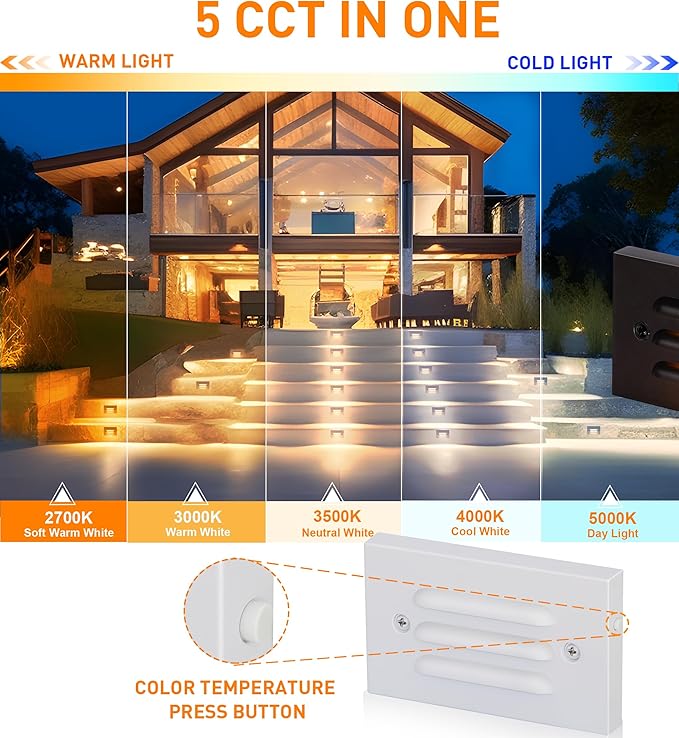 CLOUDY BAY 5CCT 12V 4W Low Voltage LED Step Light with Horizontal Louvered Faceplate for Steps Decks Stairs,Outdoor Stair Lights,Wet Locations,6 Pack,White