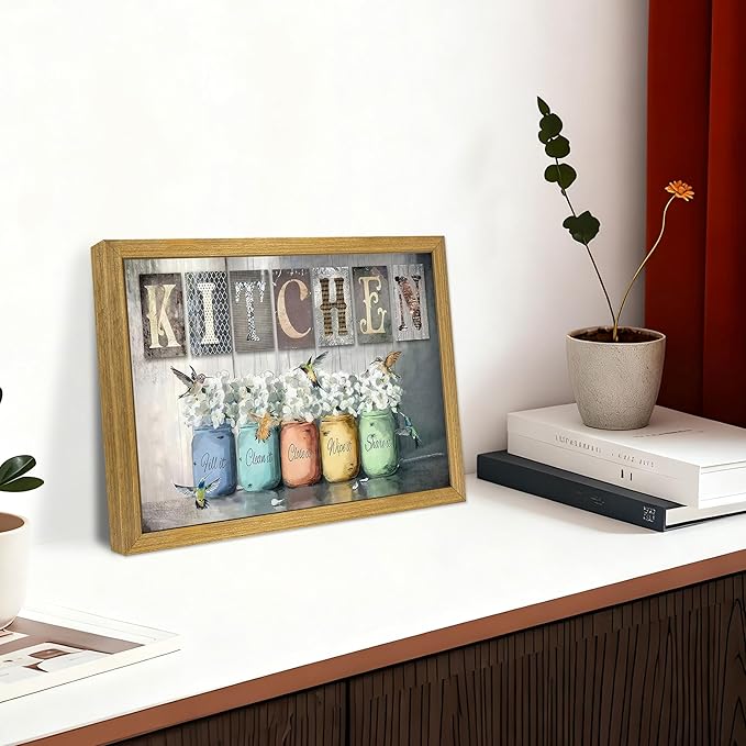 Vintage Kitchen Wall Art, Modern Farmhouse Wall Decor, Canvas Print Poster Oil Painting, Country Kitchen Dining Room Floral Still Life Paintings for Dining Room Home Decor 8x10 Inch Wood Framed