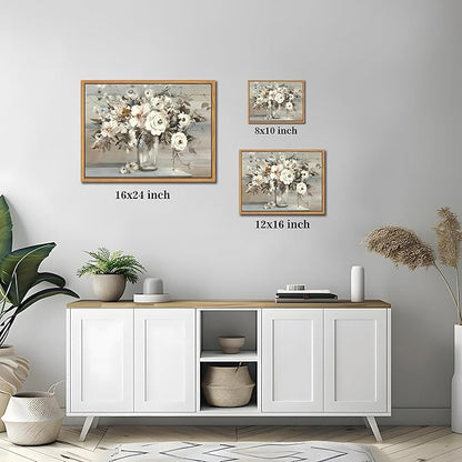 SAMHOU Floating Framed Canvas Wall Art, Vintage White Floral Poster Prints, Nature Plant Picture Wall Decor, Modern Farmhouse Painting Decor for Living Room Kitchen Bathroom Bedroom 8x10 inch