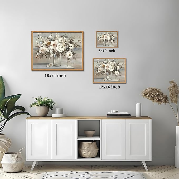 SAMHOU Floating Framed Canvas Wall Art, Vintage White Floral Poster Prints, Nature Plant Picture Wall Decor, Modern Farmhouse Painting Decor for Living Room Kitchen Bathroom Bedroom 16x24 inch