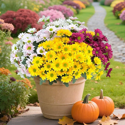 Artificial Fake Mums Flowers Plants for Outdoors ,12 Bundles Faux mums Mix Silk Glory UV Sun Resistant, Realistic Flowers for Planter Porch Patio Yard Balcony Home Decor (yellow/white/pink/red)