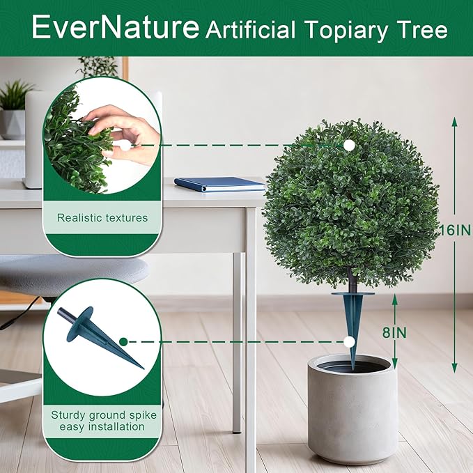 2Pack Artificial Boxwood Topiary Ball Trees,16''UV Resistant Fake Evergreen Shrubs Bushes Plants with Ground Spike, Fake Plants for Outdoor Indoor Front Porch Garden