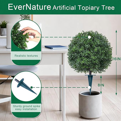 2Pack Artificial Boxwood Topiary Ball Trees,16''UV Resistant Fake Evergreen Shrubs Bushes Plants with Ground Spike, Fake Plants for Outdoor Indoor Front Porch Garden