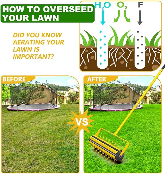 Upgraded 20 Inch Lawn Aerator Tool – Manual Rolling Lawn Core Aerator with 2.4” Steel Spikes, Welded Spike Strip & T-Handle – Yard Soil Aeration for Grass, Garden, Lawn Care