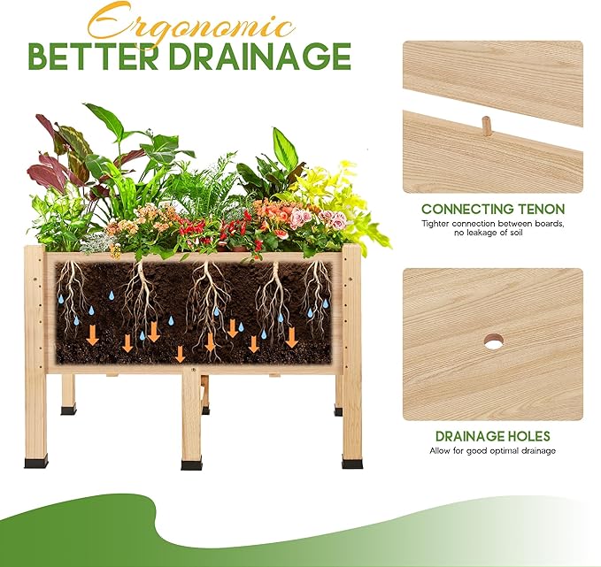 Amerlife 4x2 Ft Raised Garden Bed - Features Legs, Drainage Holes, 16 Inch Depth Ideal for Vegetables, Flowers, Herbs, Elevated Wood Planter Box for Balcony, Patio, and Backyard, Easy Assembly