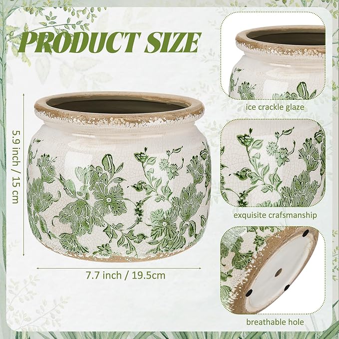 7.7" Large Ceramic Plant Pot Beige Green Vintage Floral Crackle Glaze Rustic Flowers Pot Decorative Planter with Drainage for Indoor Outdoor Plants Home Kitchen Office Decor Gift