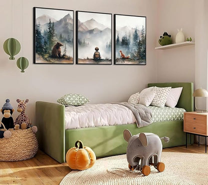 3Pcs Neutral Woodland Wild Animal Wall Art Cute Bear Fox Nursery Wall Decor Pictures Adventure Boy Posters Prints Vintage Forest Animal Canvas Paintings for Baby Room Playroom 12x16