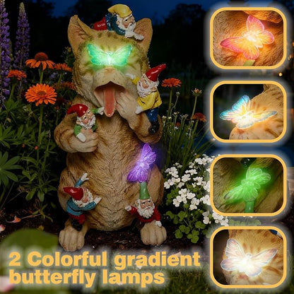 Solar Funny Garden Gnomes Kitty Figurine Colorful Gradent LED Lights Decorations for Yard Sculpture Outdoor Statue