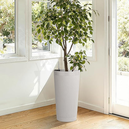 24" Tall Self Watering Planters for Indoor Plants, 2 Pack Large Plastic Outdoor Planter Pots with Built-In Water Reservoir and Level Indicator, Decorative Modern Flower Pots for Home & Patio (White)