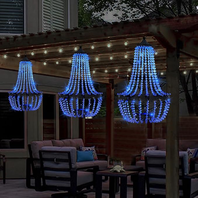 Hanging Solar Lantern Outdoor, 28” Modern Clear Crystal Acrylic Chandelier with 30 Blue Lights S Hook for Garden, Yard, Patio, Gazebo Decorations