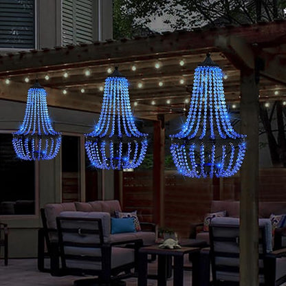 Hanging Solar Lantern Outdoor, 28” Modern Clear Crystal Acrylic Chandelier with 30 Blue Lights S Hook for Garden, Yard, Patio, Gazebo Decorations