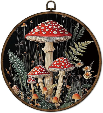 cvjutf Witchy Mushroom Wall Art Decor Framed, Dark Cottagecore Round Wall Decor, Mushroom Bathroom Decor, Farmhouse Fall Mushrooms Botanical Canvas Prints Art for Bedroom Kitchen Living Room, 10x10
